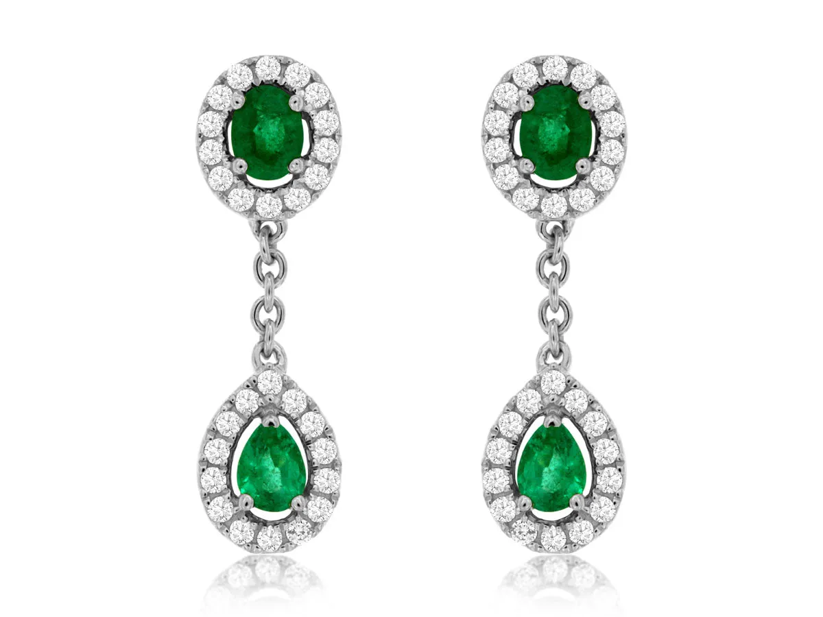 14K White Gold Emerald and Diamond Dangle Earrings