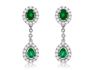 14K White Gold Emerald and Diamond Dangle Earrings