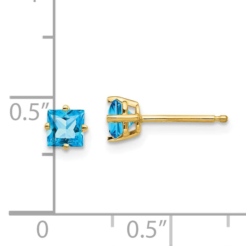 14k Yellow Gold 4MM Princess Cut Blue Topaz Earrin