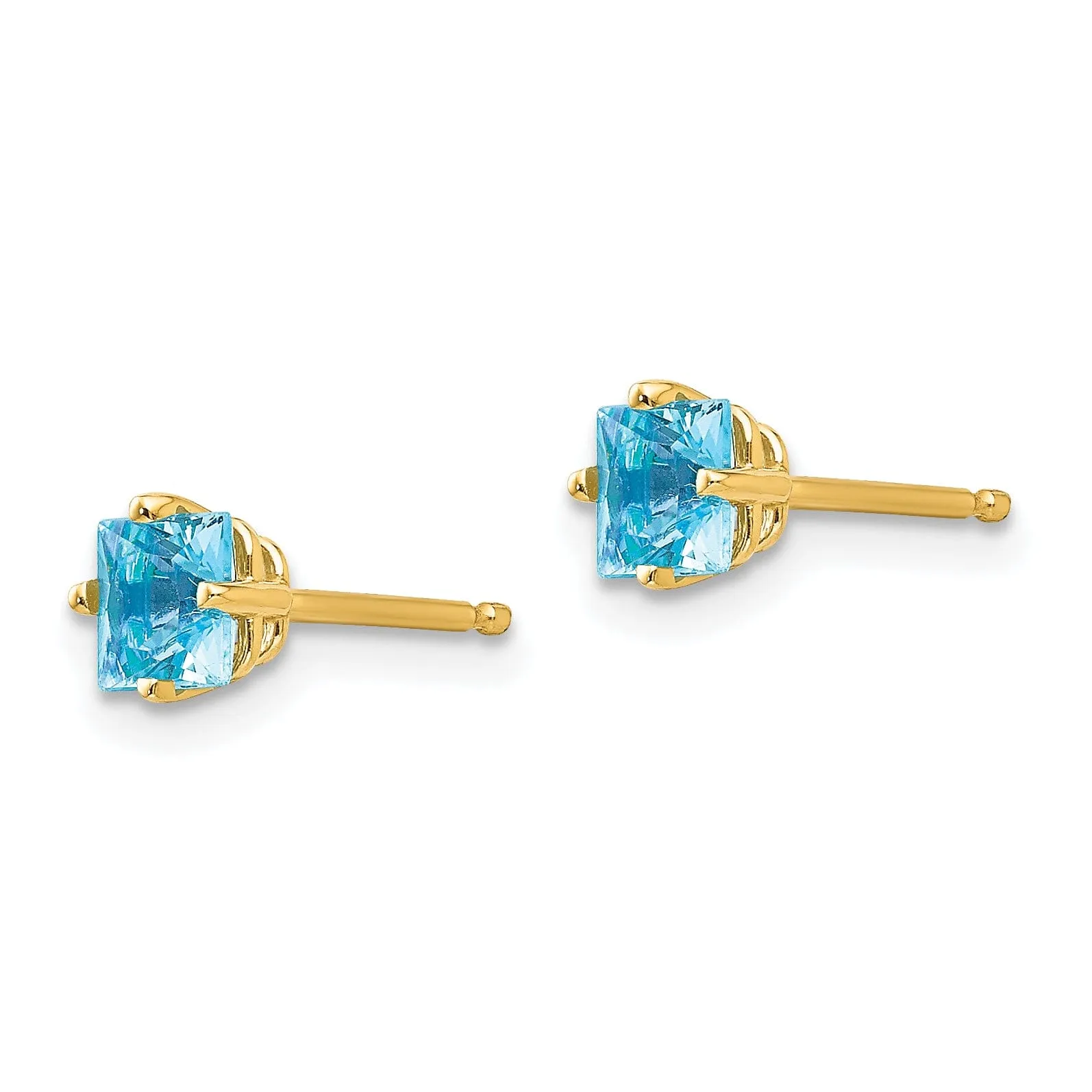 14k Yellow Gold 4MM Princess Cut Blue Topaz Earrin