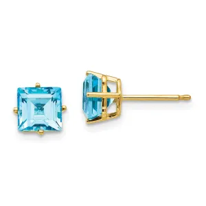 14k Yellow Gold 6MM Princess Cut Blue Topaz Earrin