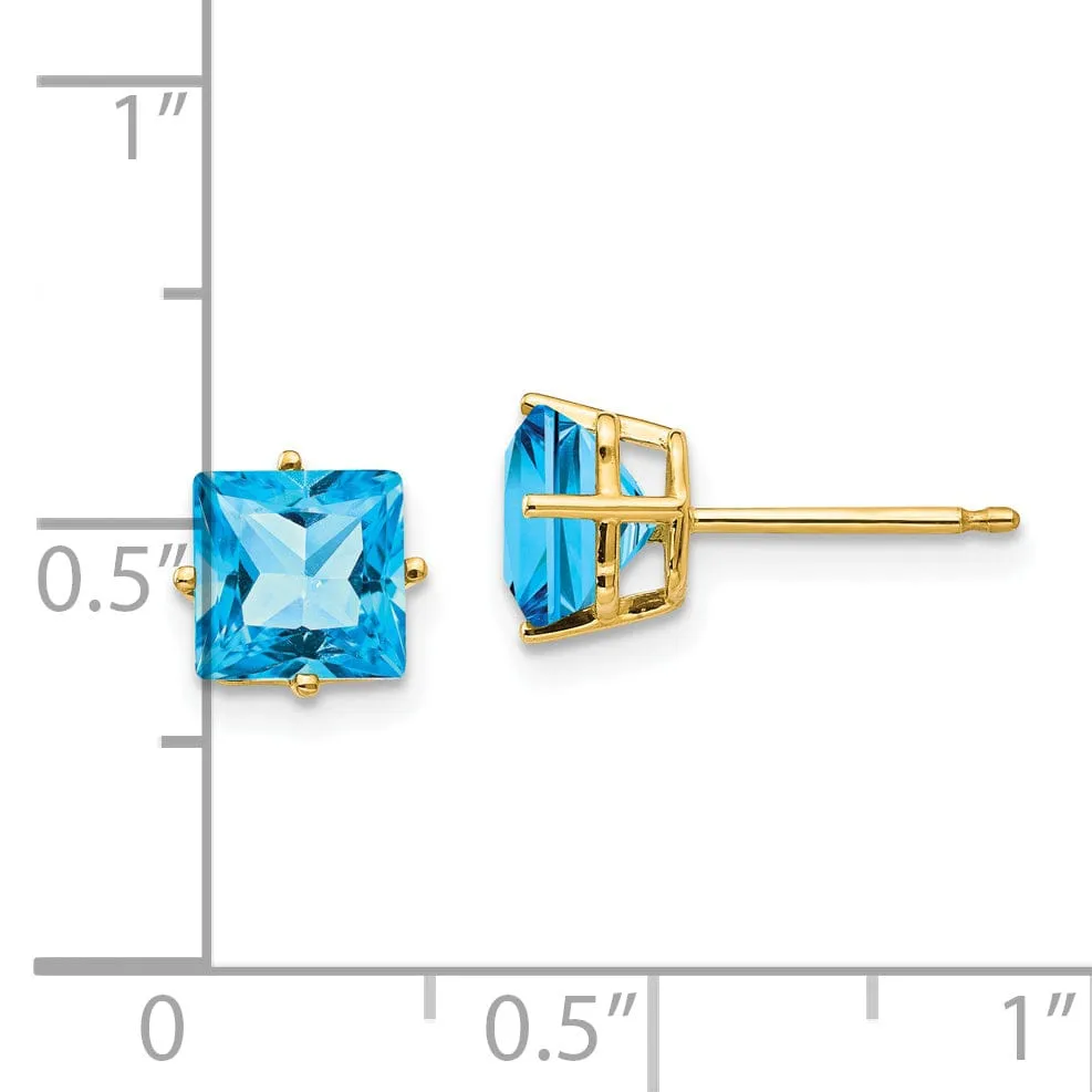 14k Yellow Gold 6MM Princess Cut Blue Topaz Earrin