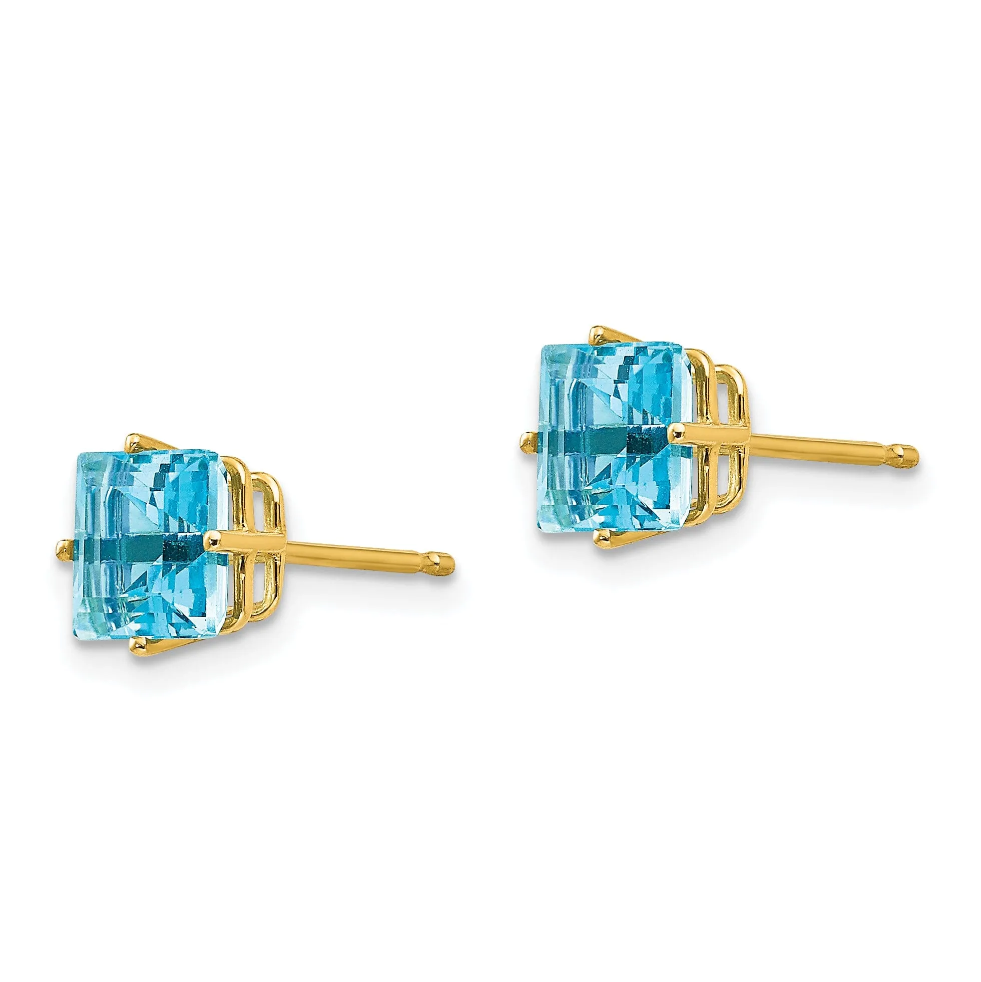 14k Yellow Gold 6MM Princess Cut Blue Topaz Earrin