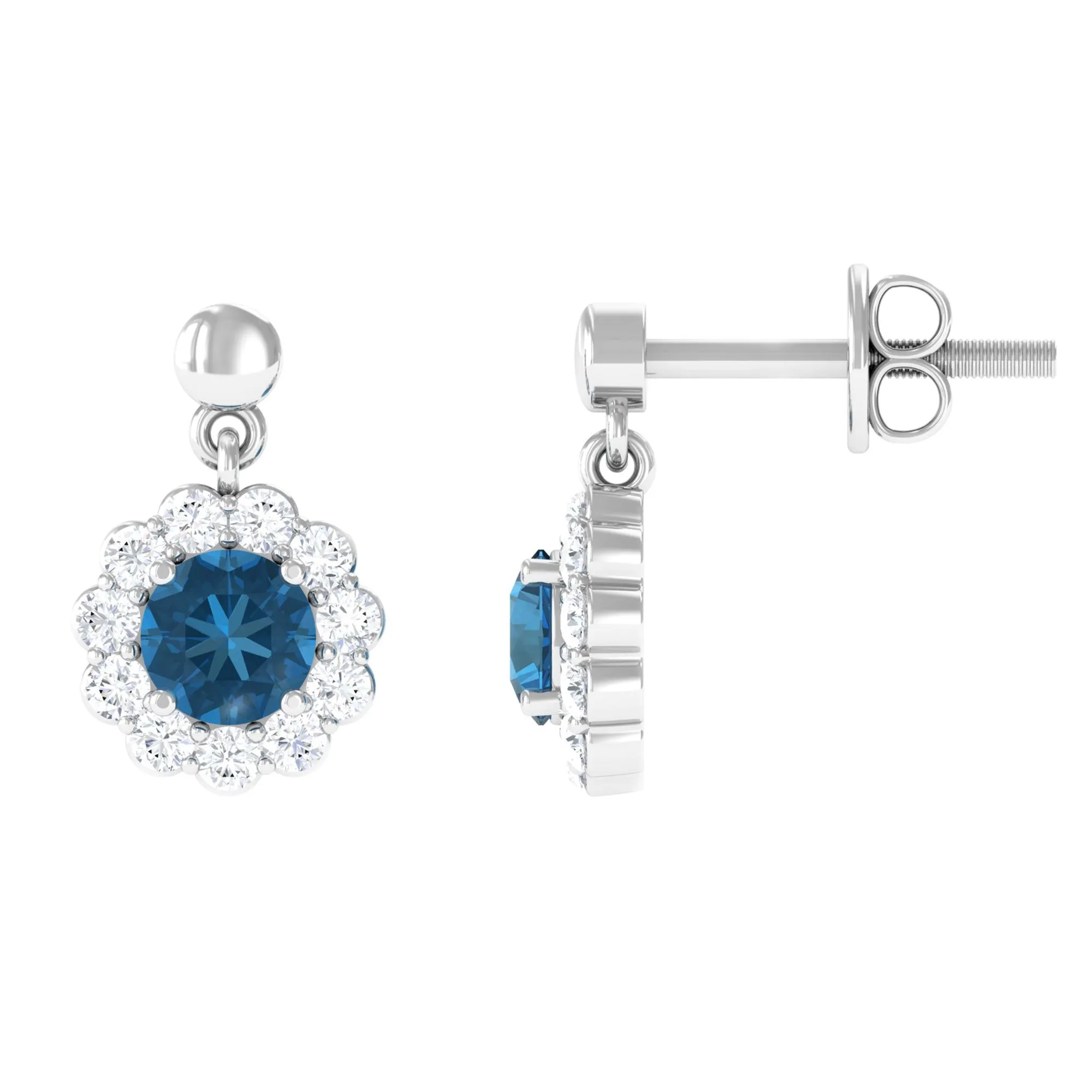 1.75 CT Real London Blue Topaz and Diamond Flower Halo Drop Earrings