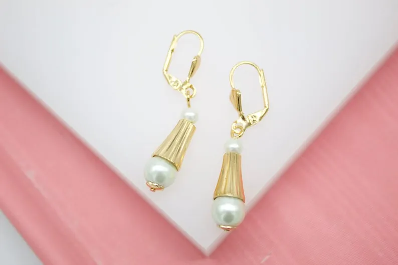 18K Gold Filled Long Golden Dangle Pearl Earrings