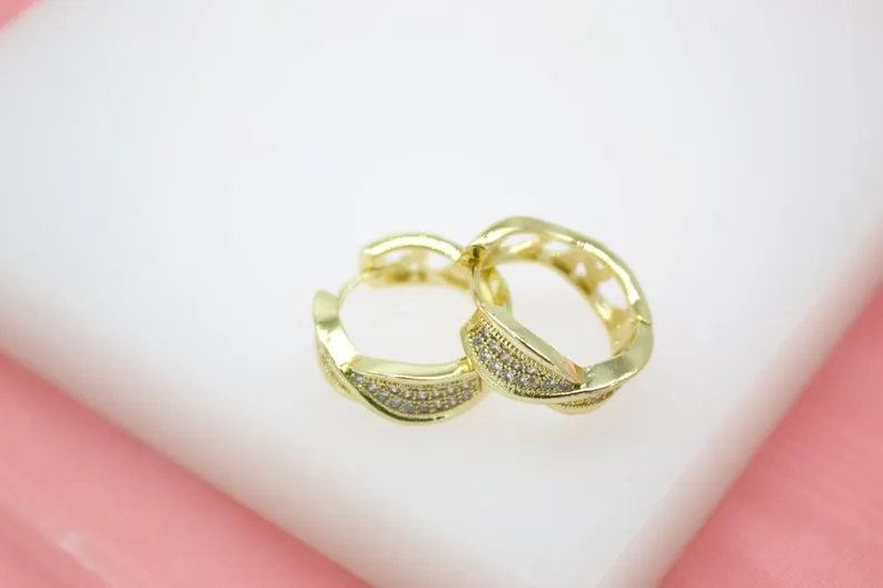 18K Gold Filled Twisted Huggies Earrings With CZ Cubic Zirconia Stones