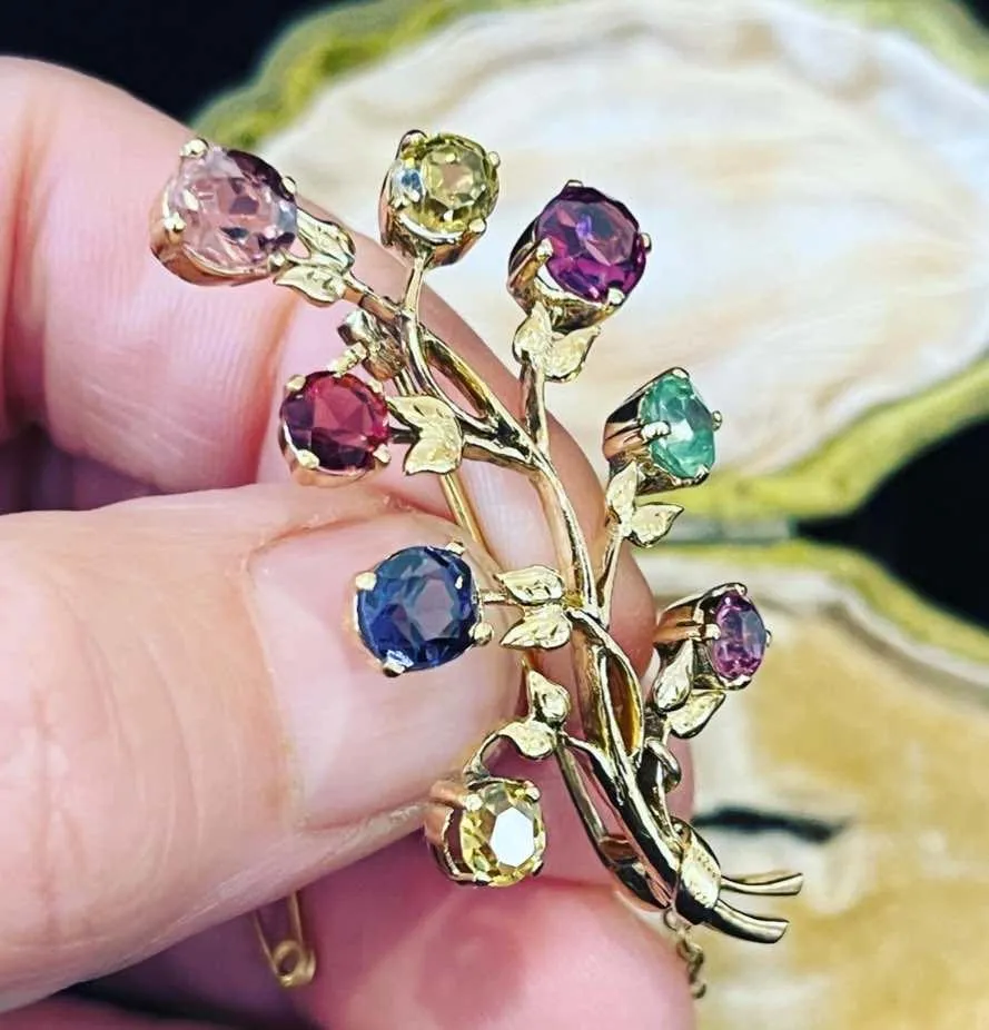 1940s Floral Branch Gemstone Brooch