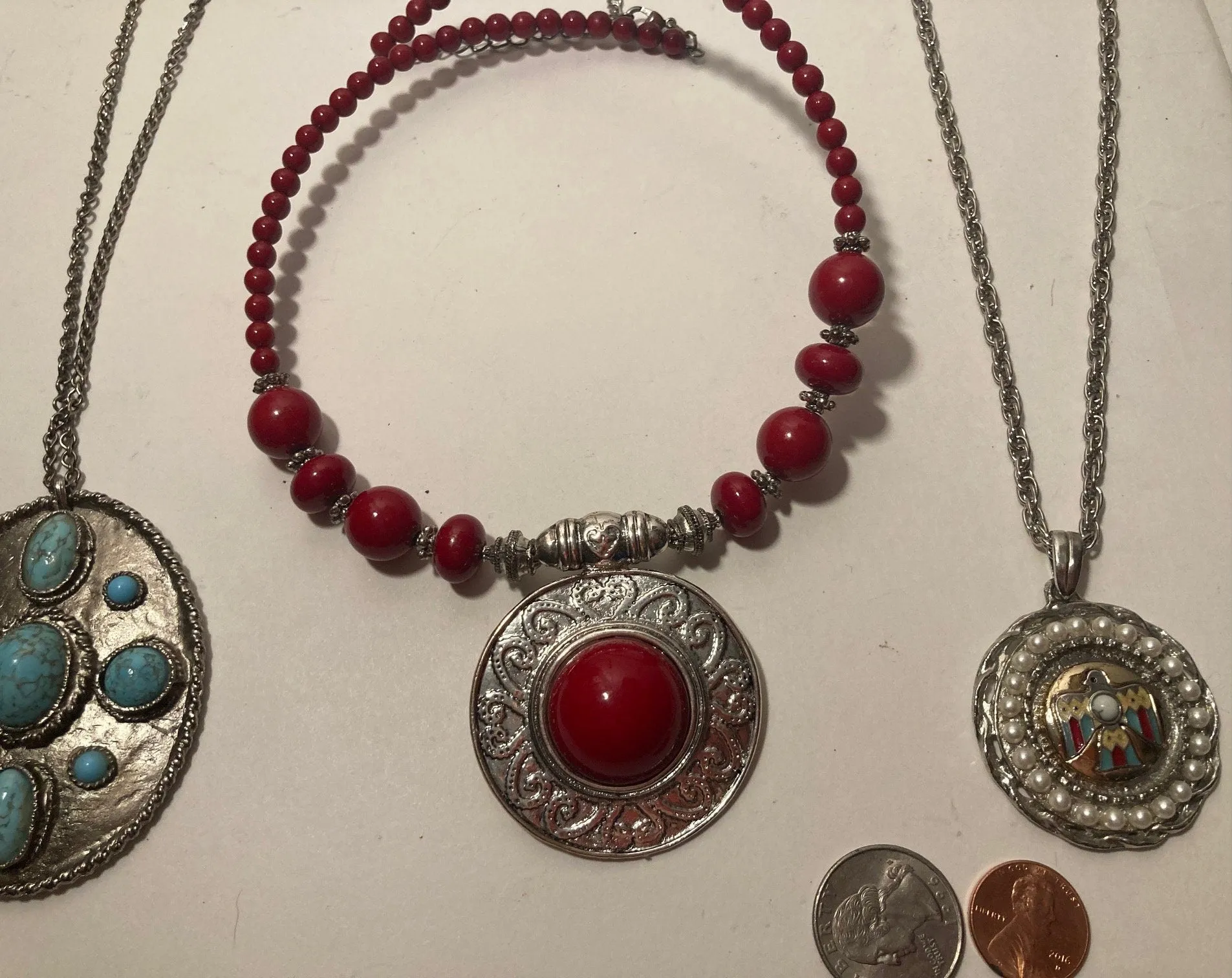 4 Vintage Metal Necklaces, Red, White, Very Nice, Dress, Attire, Fashion, Clothing, Quality, Free Shipping in the U.S.