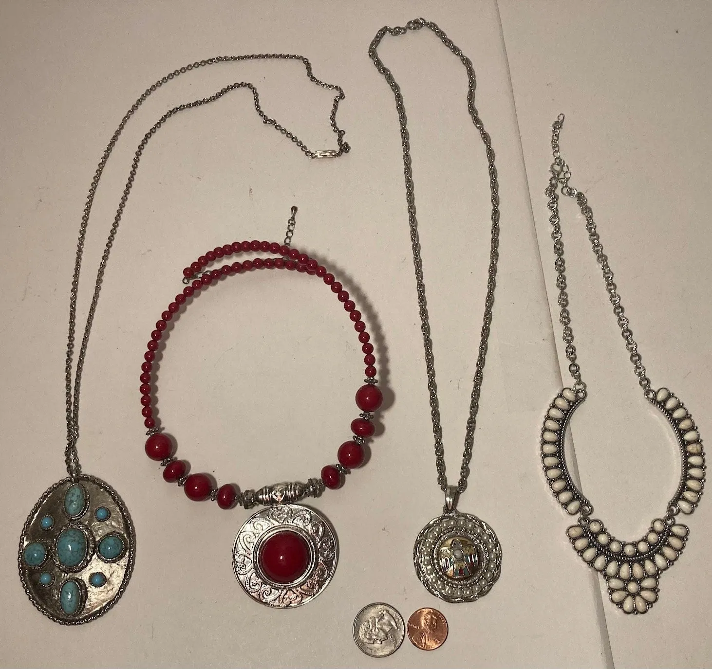 4 Vintage Metal Necklaces, Red, White, Very Nice, Dress, Attire, Fashion, Clothing, Quality, Free Shipping in the U.S.