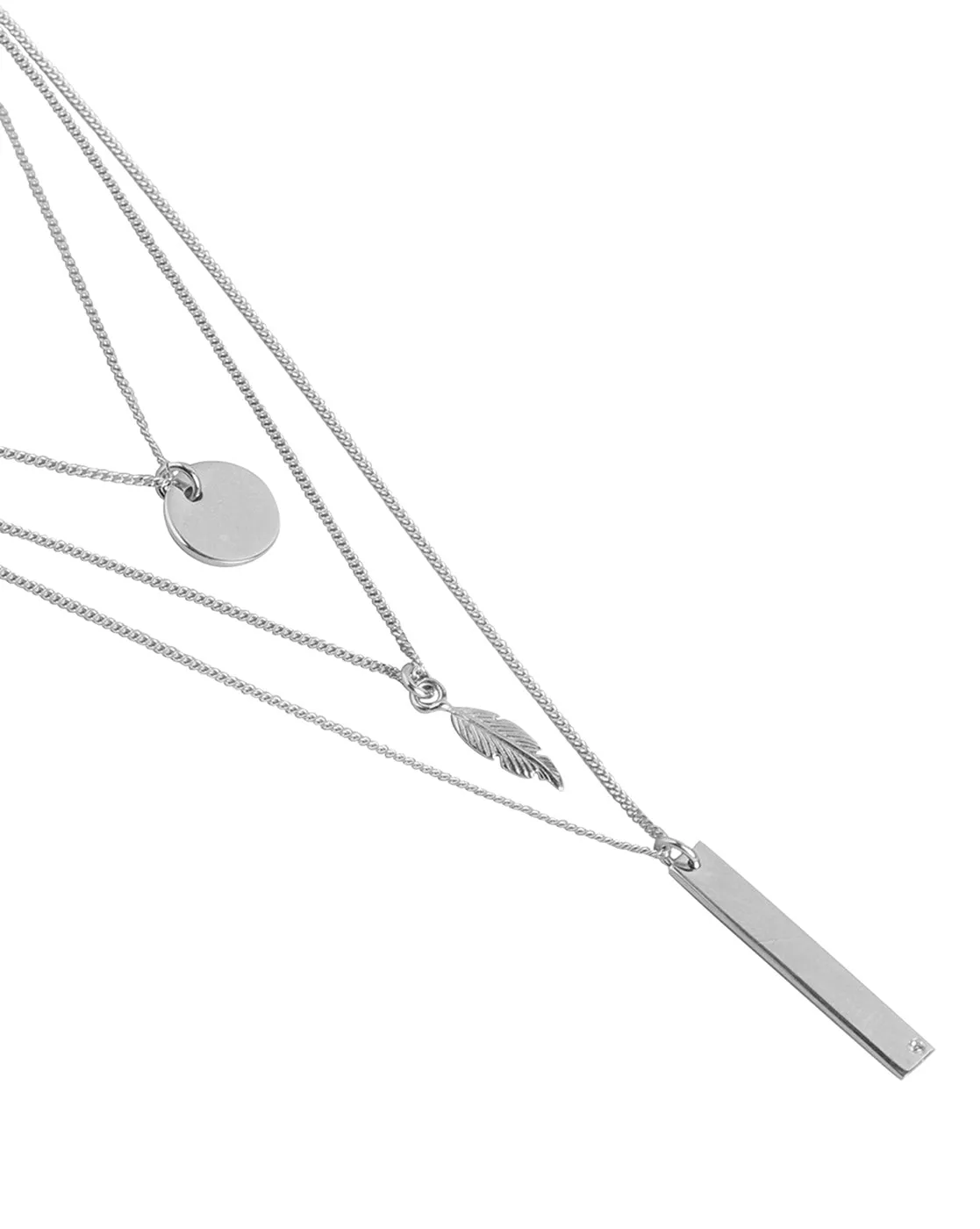 925 Sterling Silver Dangling Bar & Leaf With Rhodium Plated Layered Necklace