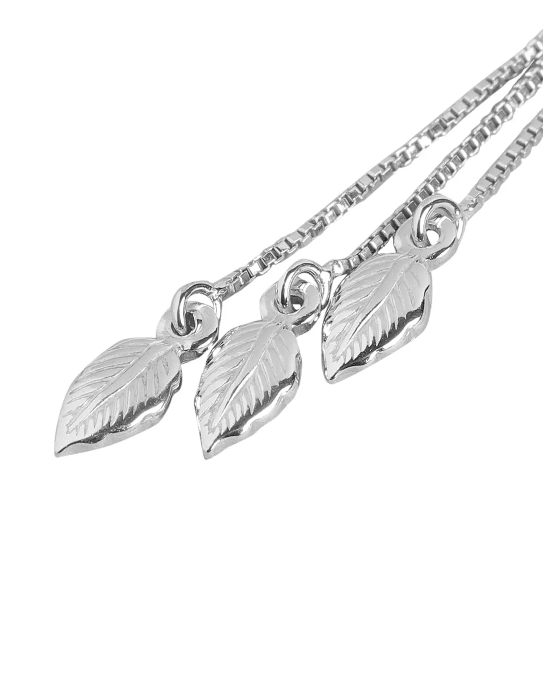 925 Sterling Silver Dangling Chain With Leaf Rhodium Plated Drop Earring