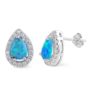 925 Sterling Silver Opal Stud Earrings With CZs - Teardrop