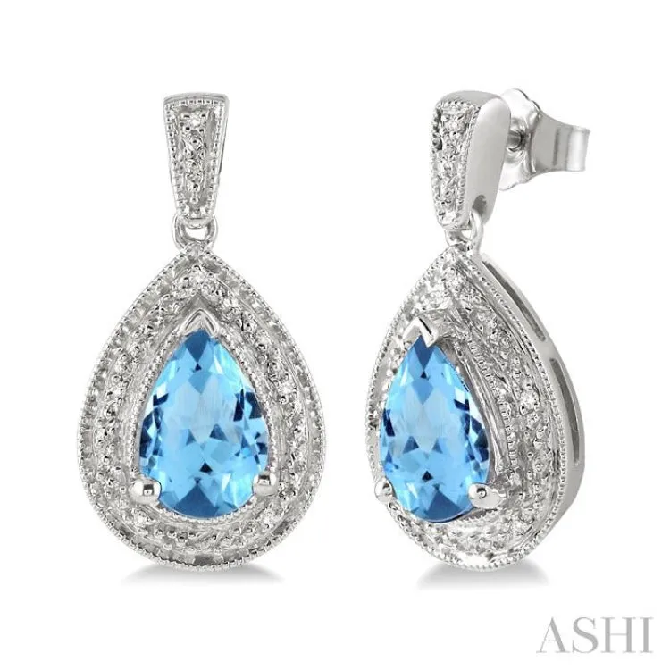 9x6 MM Pear Shape Blue Topaz and 1/20 Ctw Single Cut Diamond Earrings in Sterling Silver