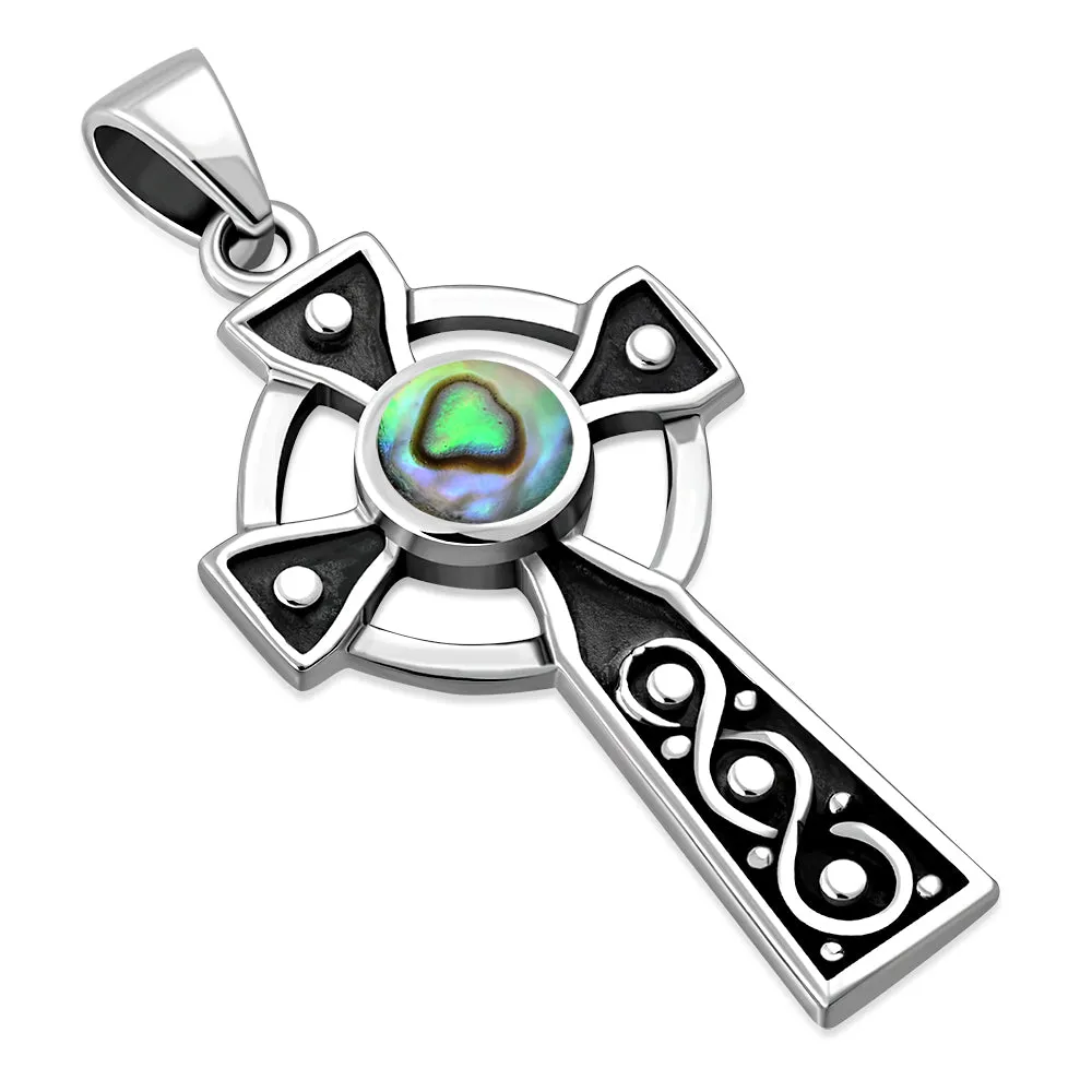 Abalone Shell Celtic Infinity Knot Cross Silver Pendant