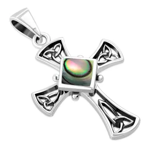 Abalone Shell Celtic Irish Trinity Knot Cross Silver Pendant