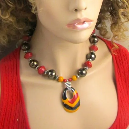 African Kazuri Pendant Necklace in Red and Buttercup Fair Trade Beads