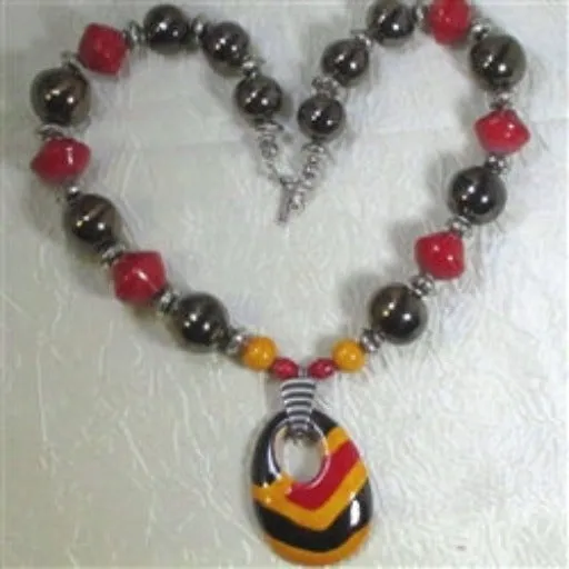 African Kazuri Pendant Necklace in Red and Buttercup Fair Trade Beads