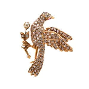 Antique Rose Cut Diamond Ruby 18K Yellow Gold Dove Brooch