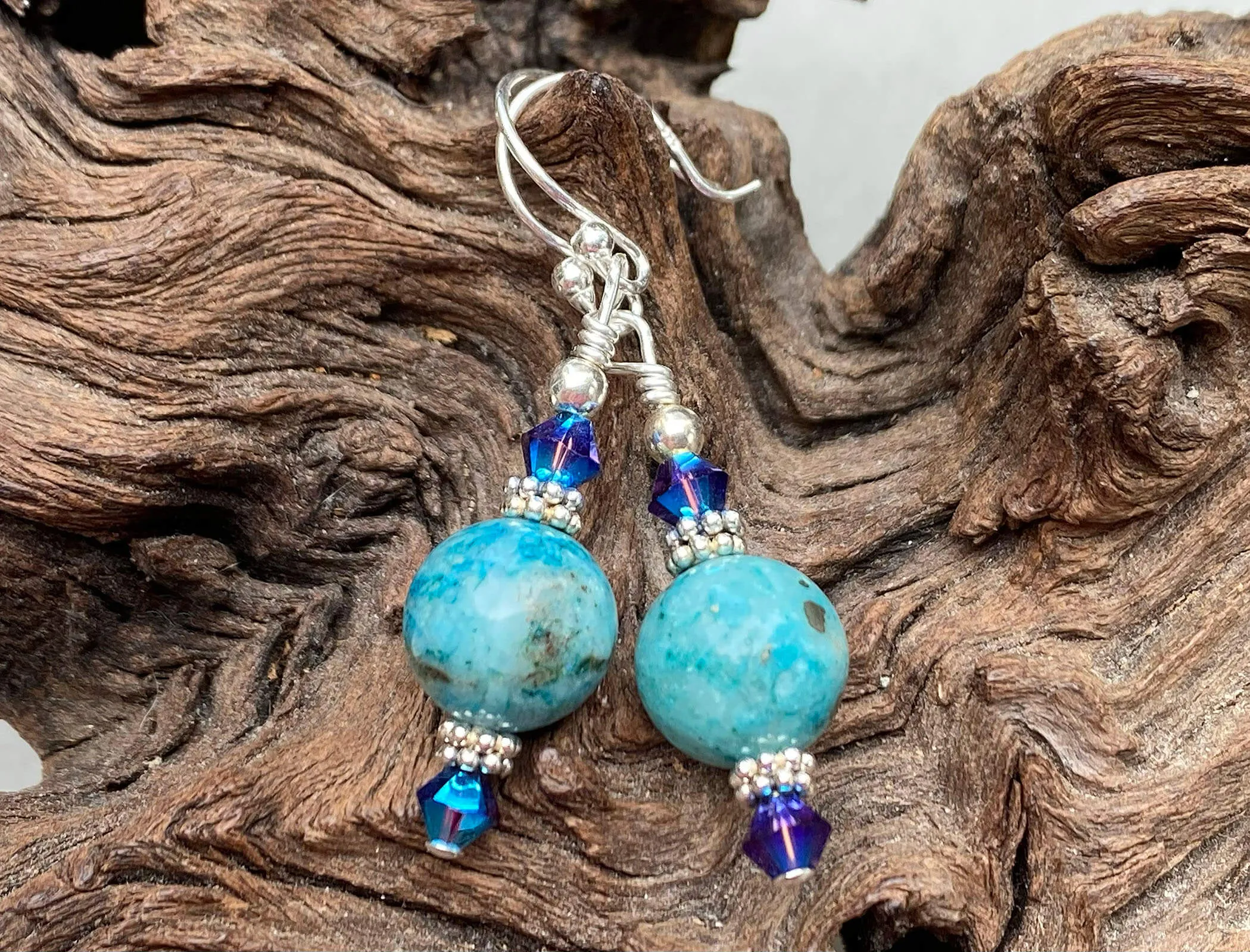 Aqua Floral Gemstone Beaded Earrings, Sterling Silver