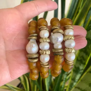 Baroque Pearl & Gold whiskey African Tribal Recycled Glass Bracelet