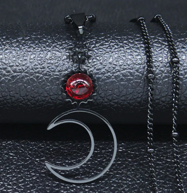 Black Moon Necklace with Red Glass Gem