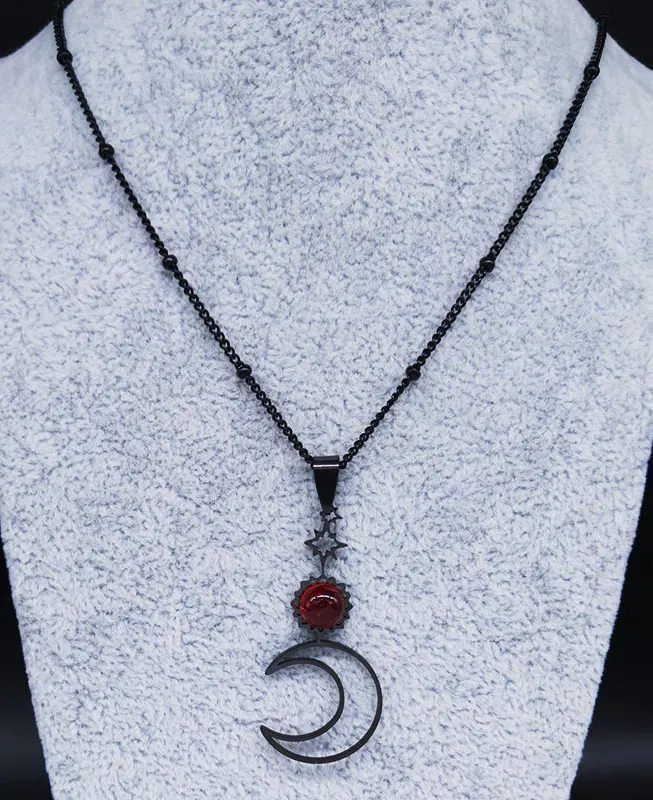 Black Moon Necklace with Red Glass Gem