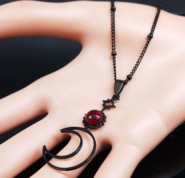 Black Moon Necklace with Red Glass Gem