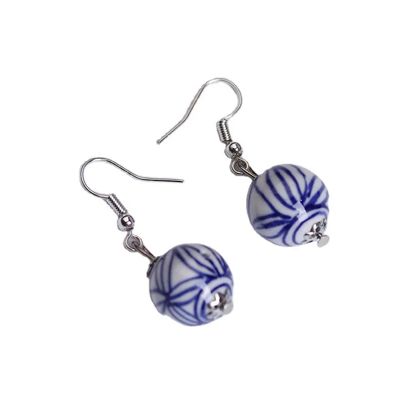 Blue and white ceramic vintage earrings Jingdezhen ethnic style earrings