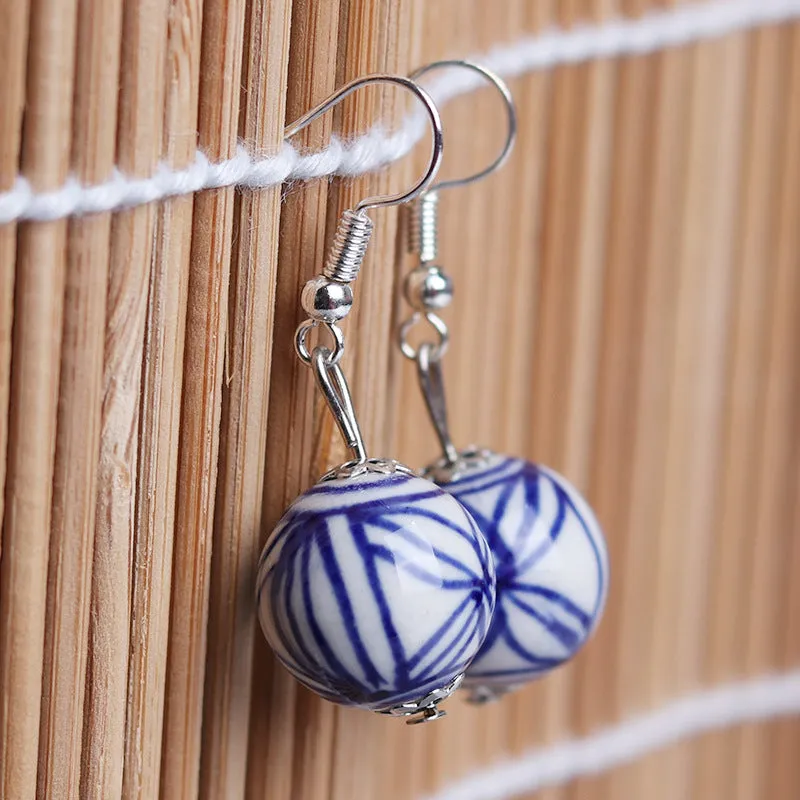 Blue and white ceramic vintage earrings Jingdezhen ethnic style earrings