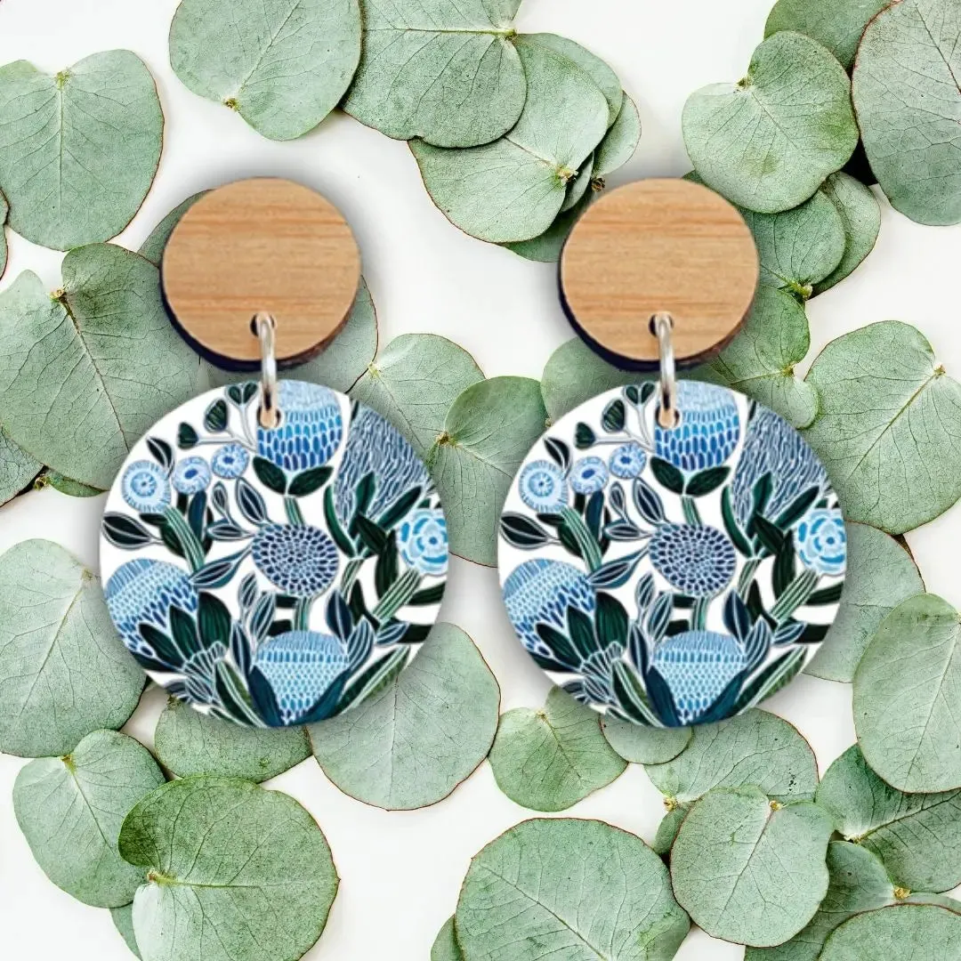 Blue Banksias Wooden Earrings