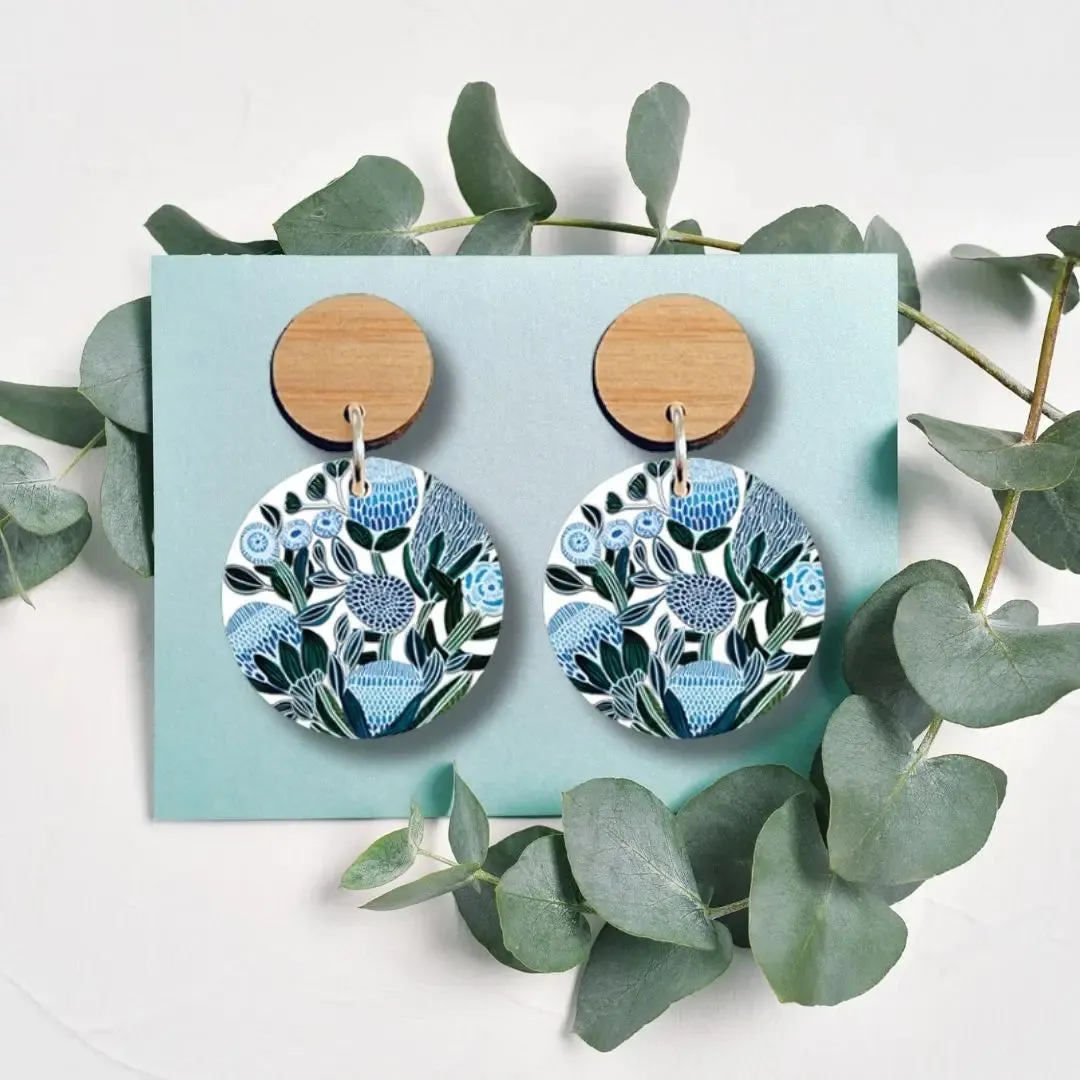 Blue Banksias Wooden Earrings