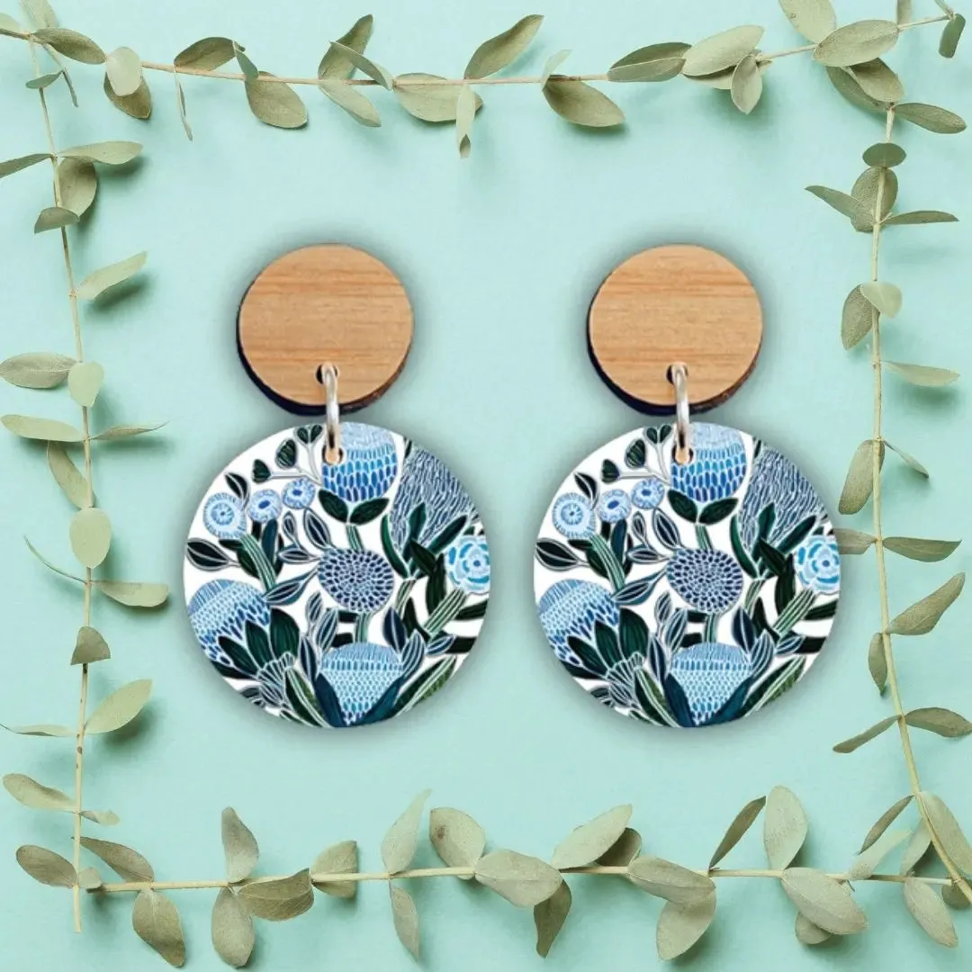 Blue Banksias Wooden Earrings