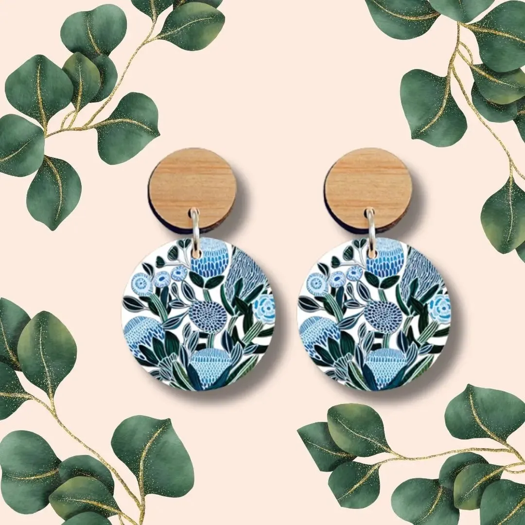 Blue Banksias Wooden Earrings