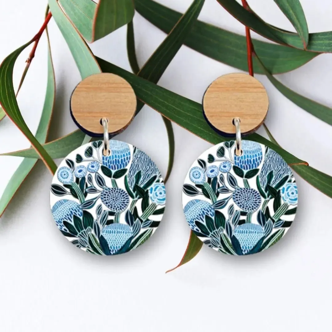 Blue Banksias Wooden Earrings