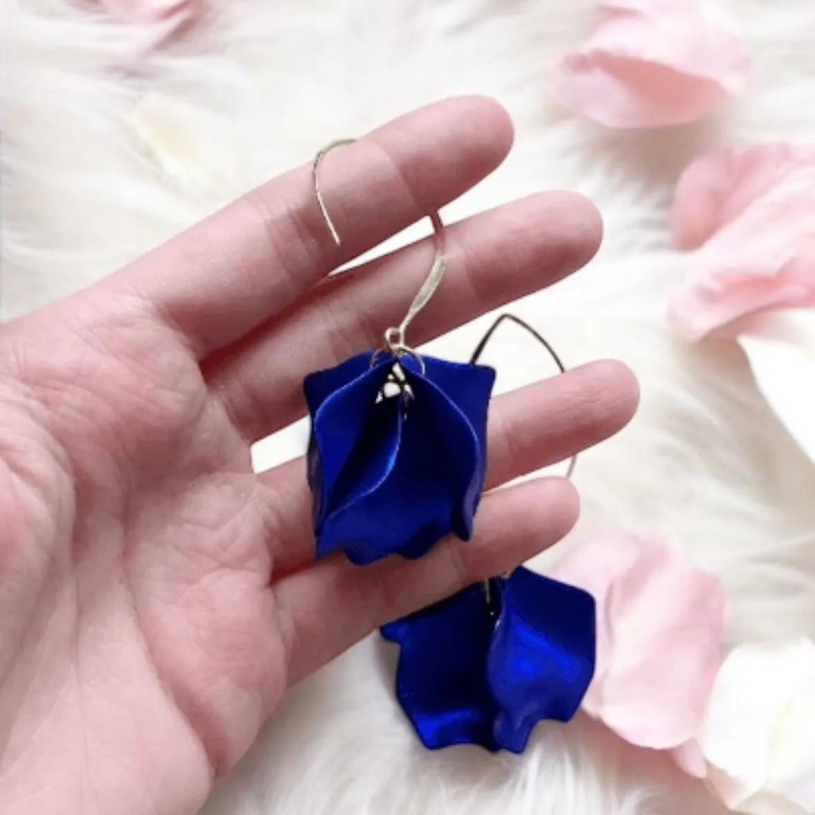 Blue - Royal blue flowers earrings | frosted iridescent petals earrings | gold & blue floral earrings | bridal party wedding earrings