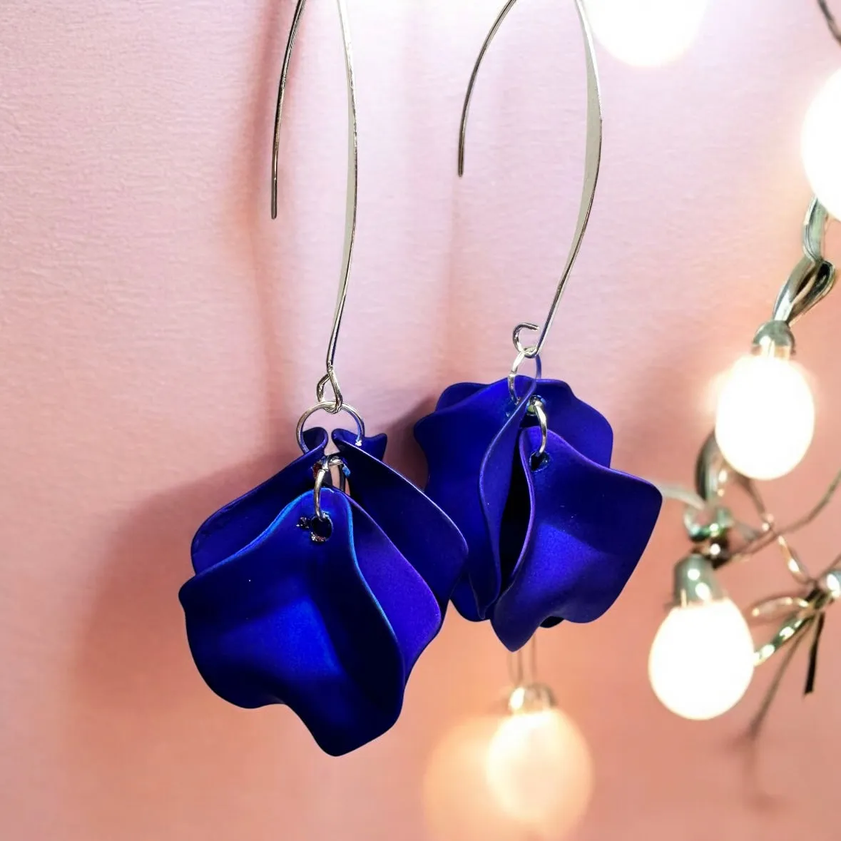 Blue - Royal blue flowers earrings | frosted iridescent petals earrings | gold & blue floral earrings | bridal party wedding earrings