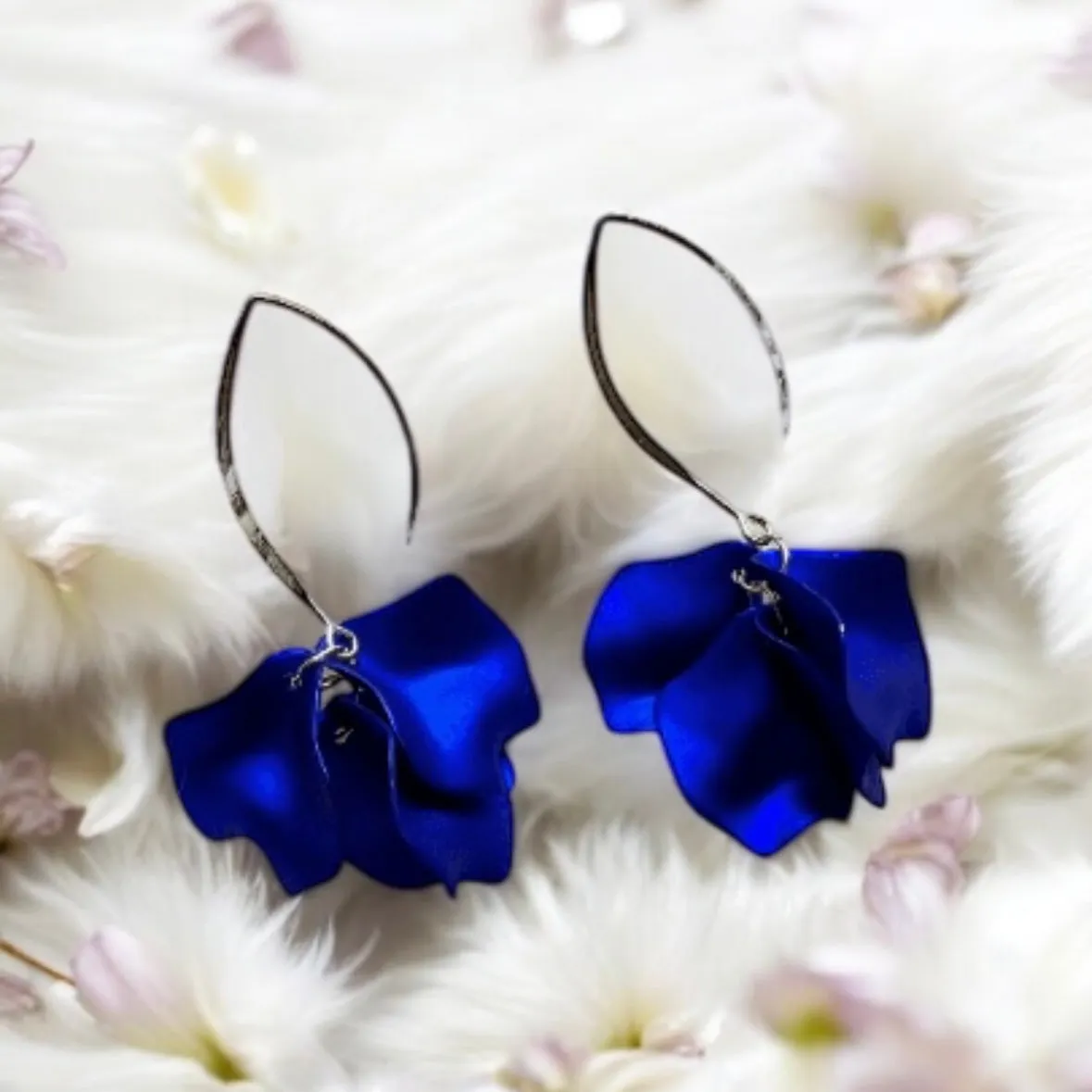 Blue - Royal blue flowers earrings | frosted iridescent petals earrings | gold & blue floral earrings | bridal party wedding earrings