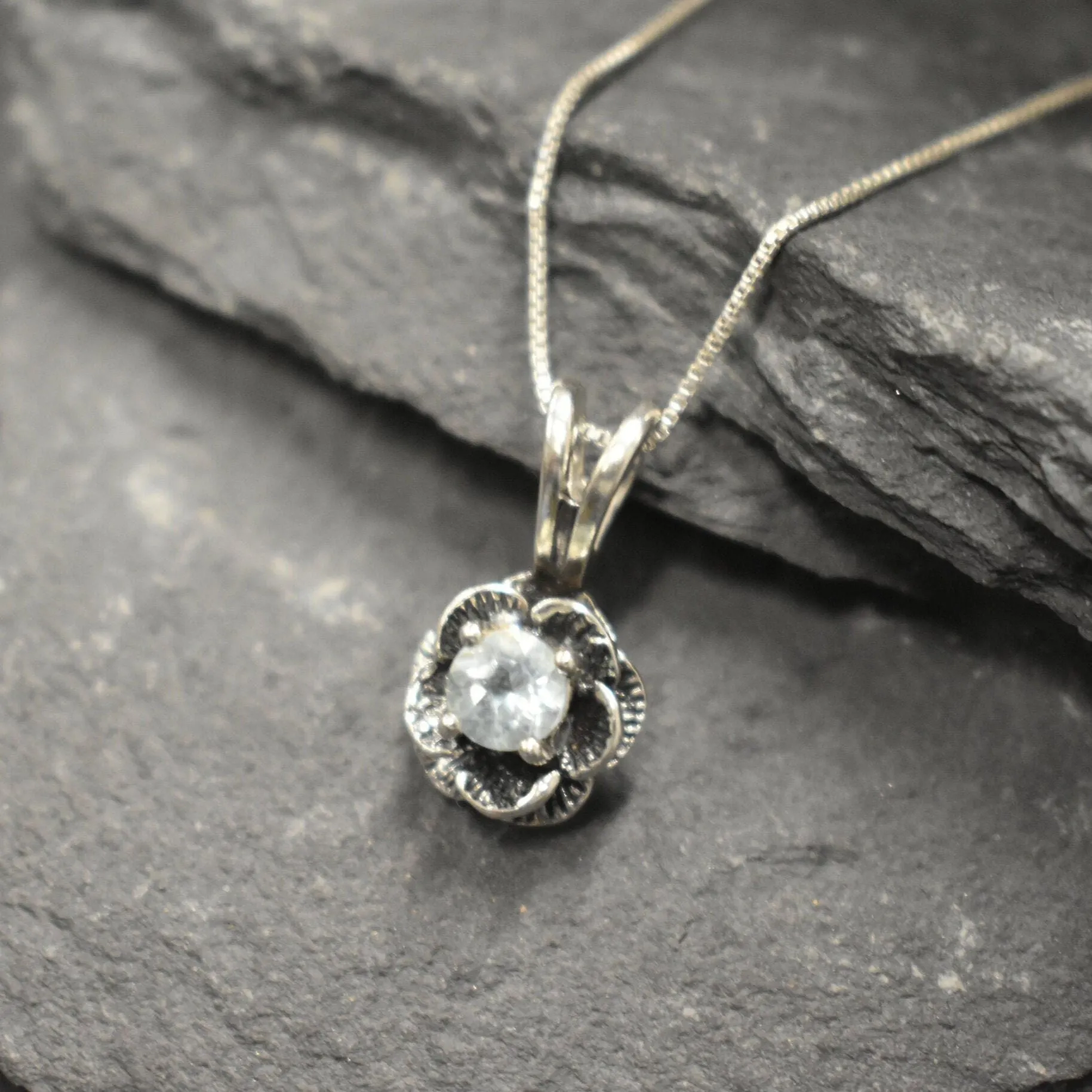 Blue Topaz Flower Necklace - Natural Blue Topaz Pendant - Vintage Rose Necklace