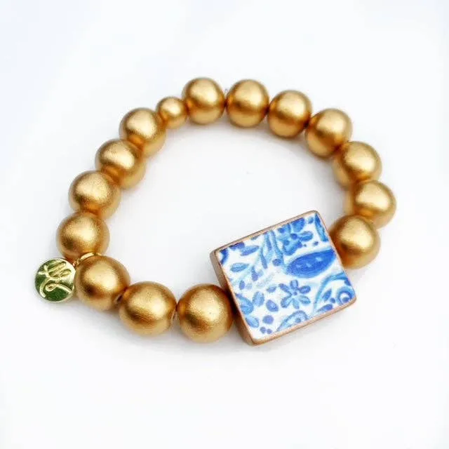 Blue White Matte Gold Artwork Stacking Bracelet