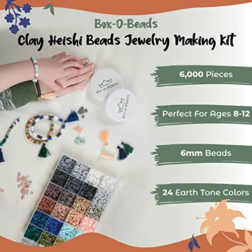 Box-O-Beads, 6000 pcs Polymer Clay Heishi Beads for Bracelet & Jewelry Making, DIY Bracelet Making Kit for Kids & Teens Ages 8-12, 24 Earth Tone Colors, 6mm Beads