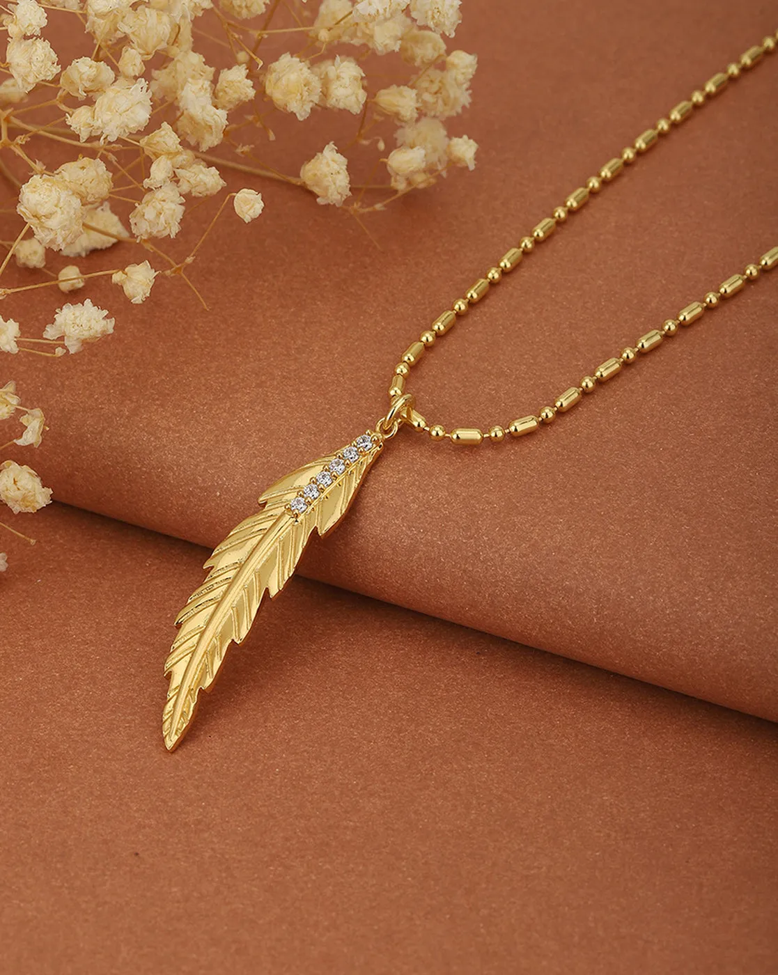 Carlton London Gold Plated With Zirconia Dangling Leaf Pendant With Long Chain Necklace