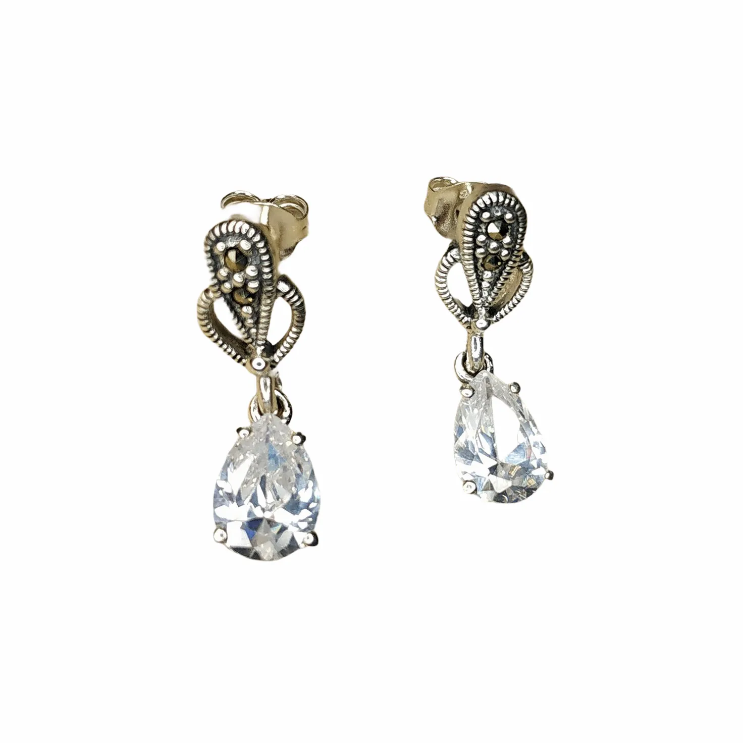 Clear Crystal Earrings Teardrop Silver Marcasite