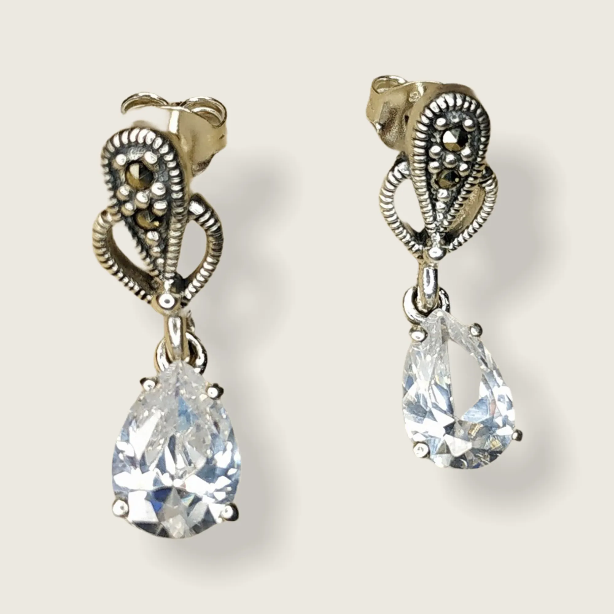 Clear Crystal Earrings Teardrop Silver Marcasite