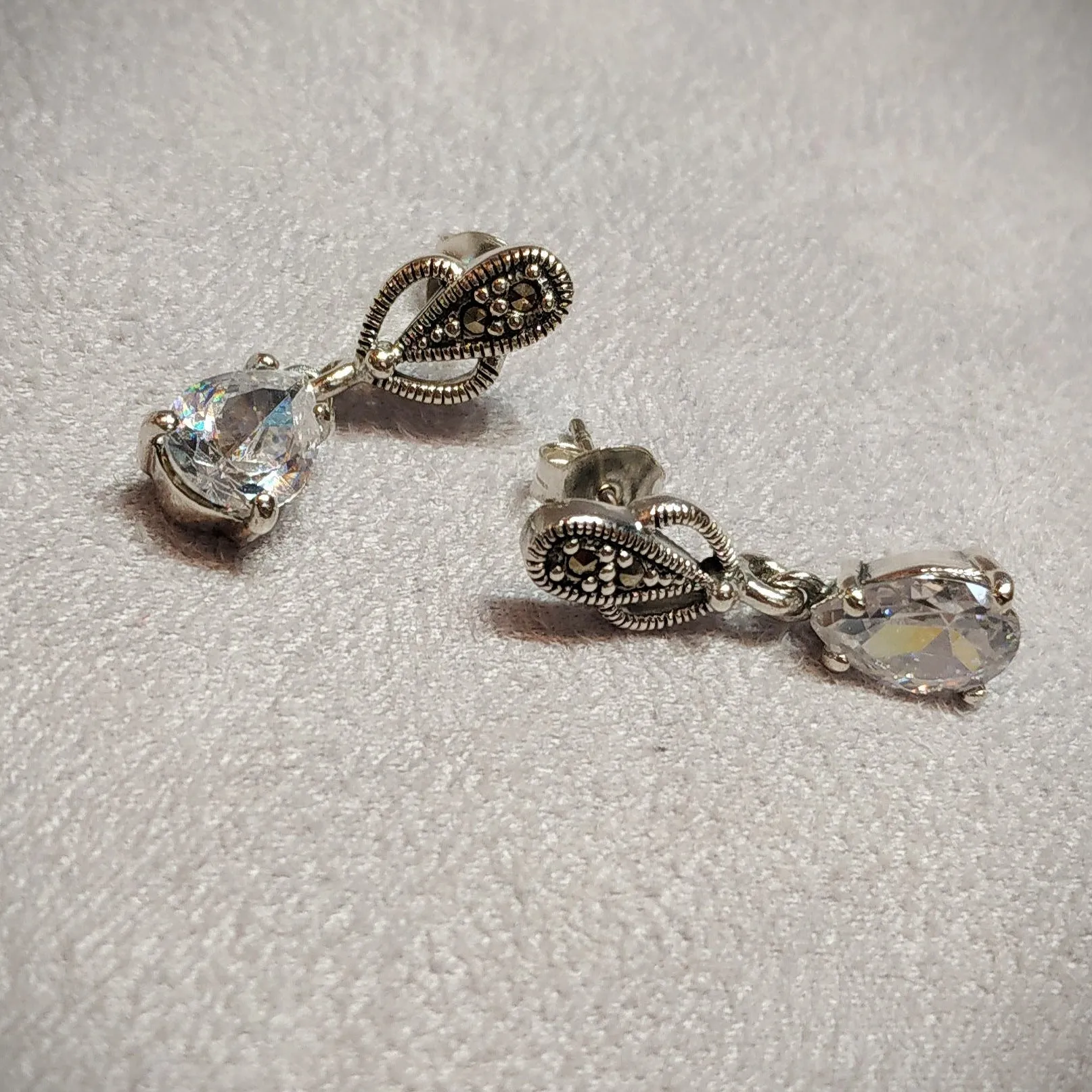 Clear Crystal Earrings Teardrop Silver Marcasite