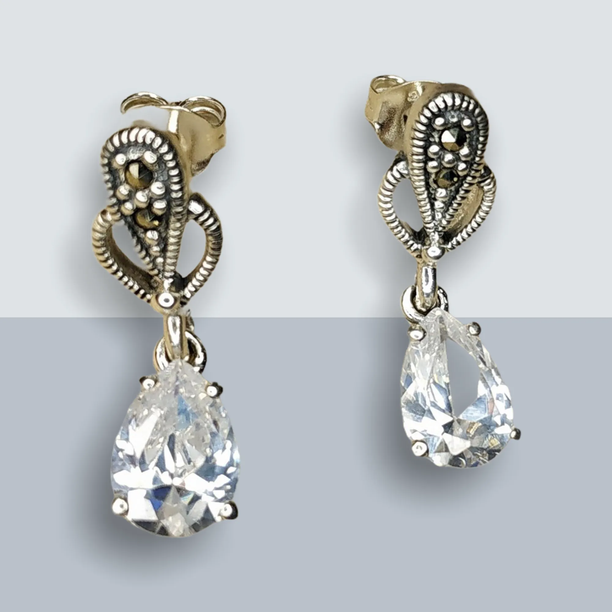 Clear Crystal Earrings Teardrop Silver Marcasite