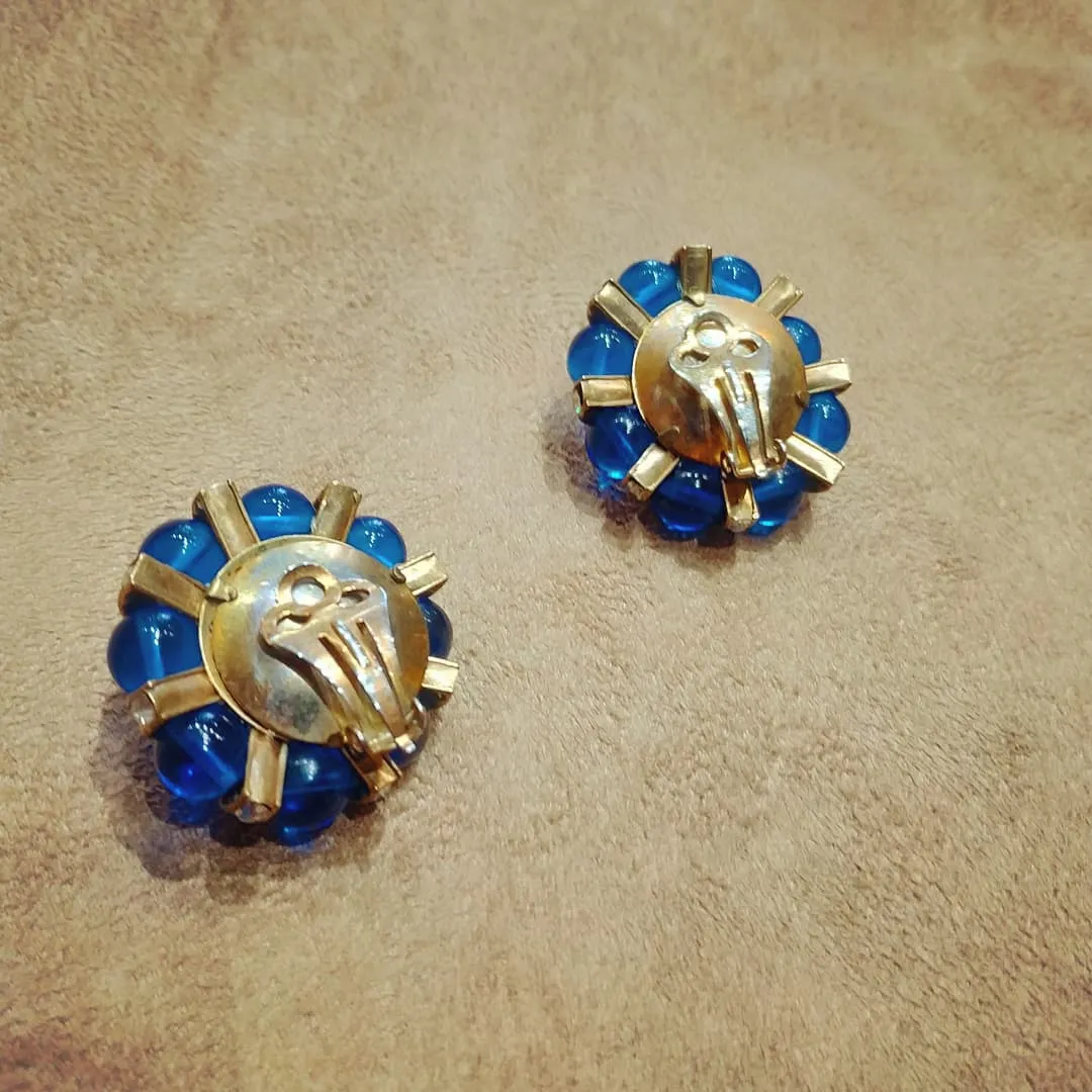 Cobalt Blue Beaded and Crystal Earrings Gold Plated Clip on