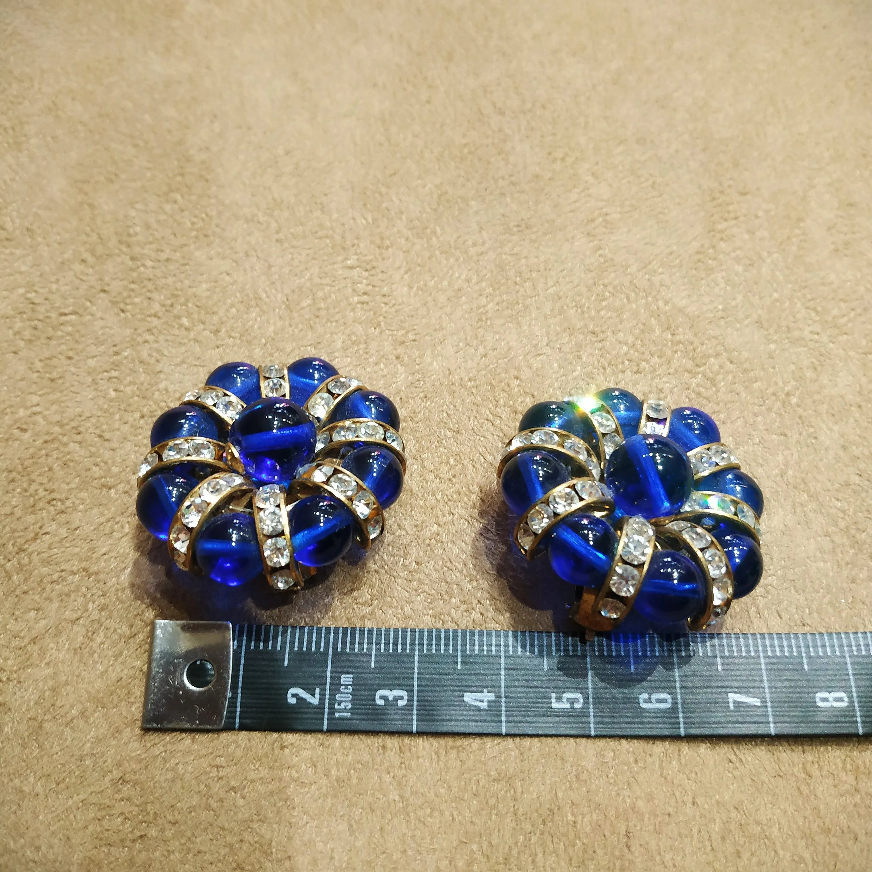 Cobalt Blue Beaded and Crystal Earrings Gold Plated Clip on