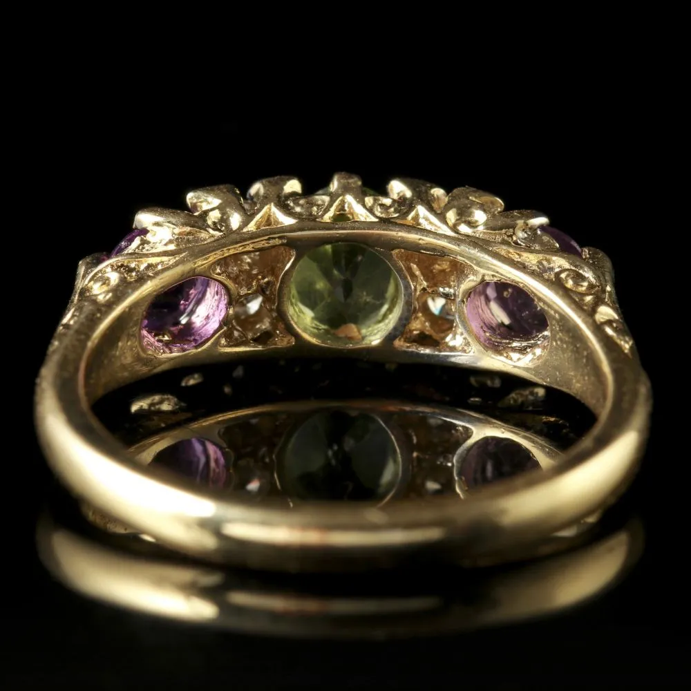 Edwardian Suffragette Style 9Ct Gold Amethyst Peridot Diamond Ring