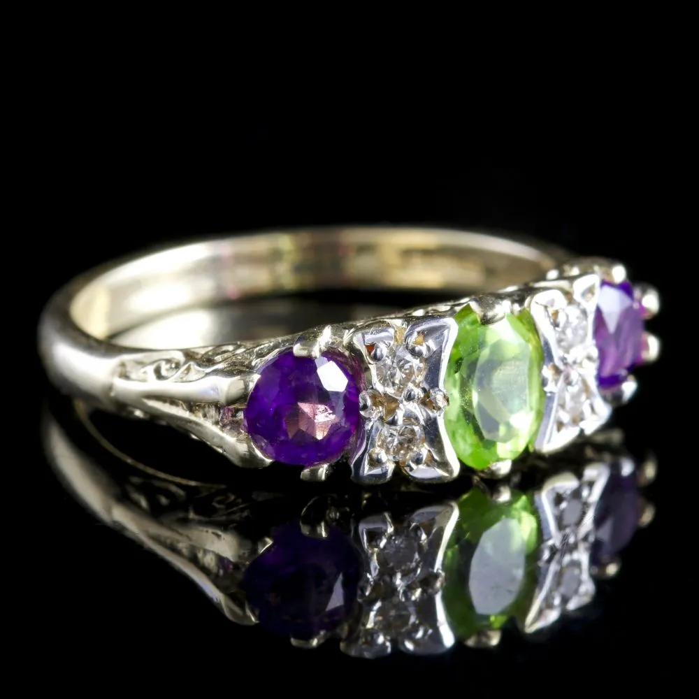 Edwardian Suffragette Style 9Ct Gold Amethyst Peridot Diamond Ring