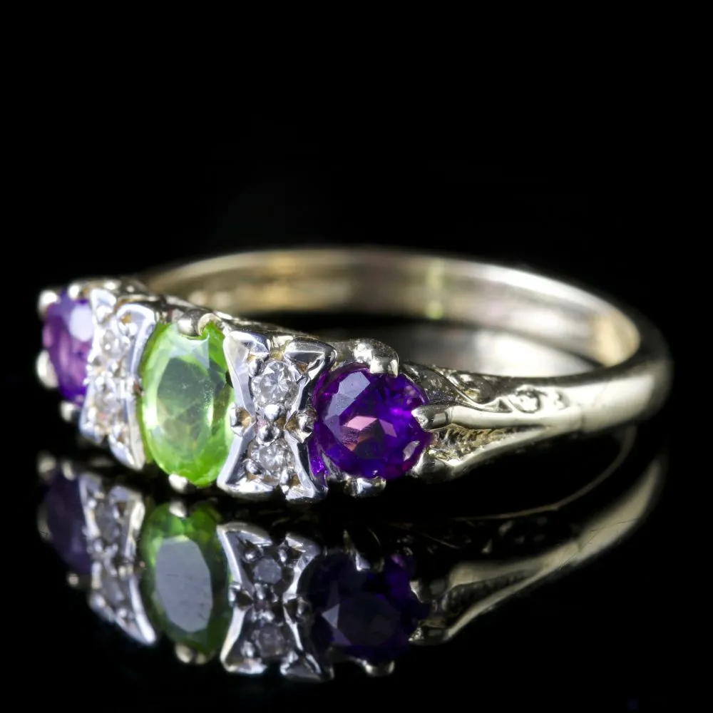 Edwardian Suffragette Style 9Ct Gold Amethyst Peridot Diamond Ring